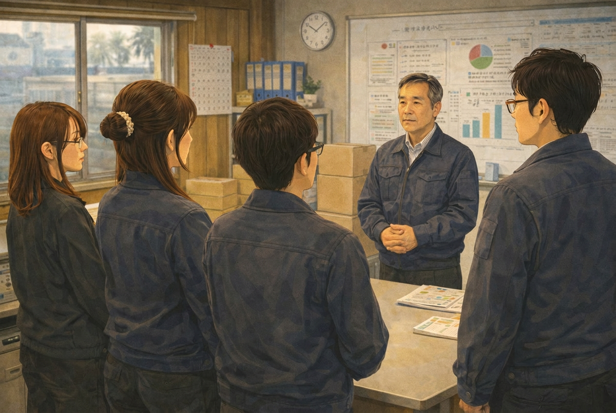 朝礼で情報共有を行う社員の様子